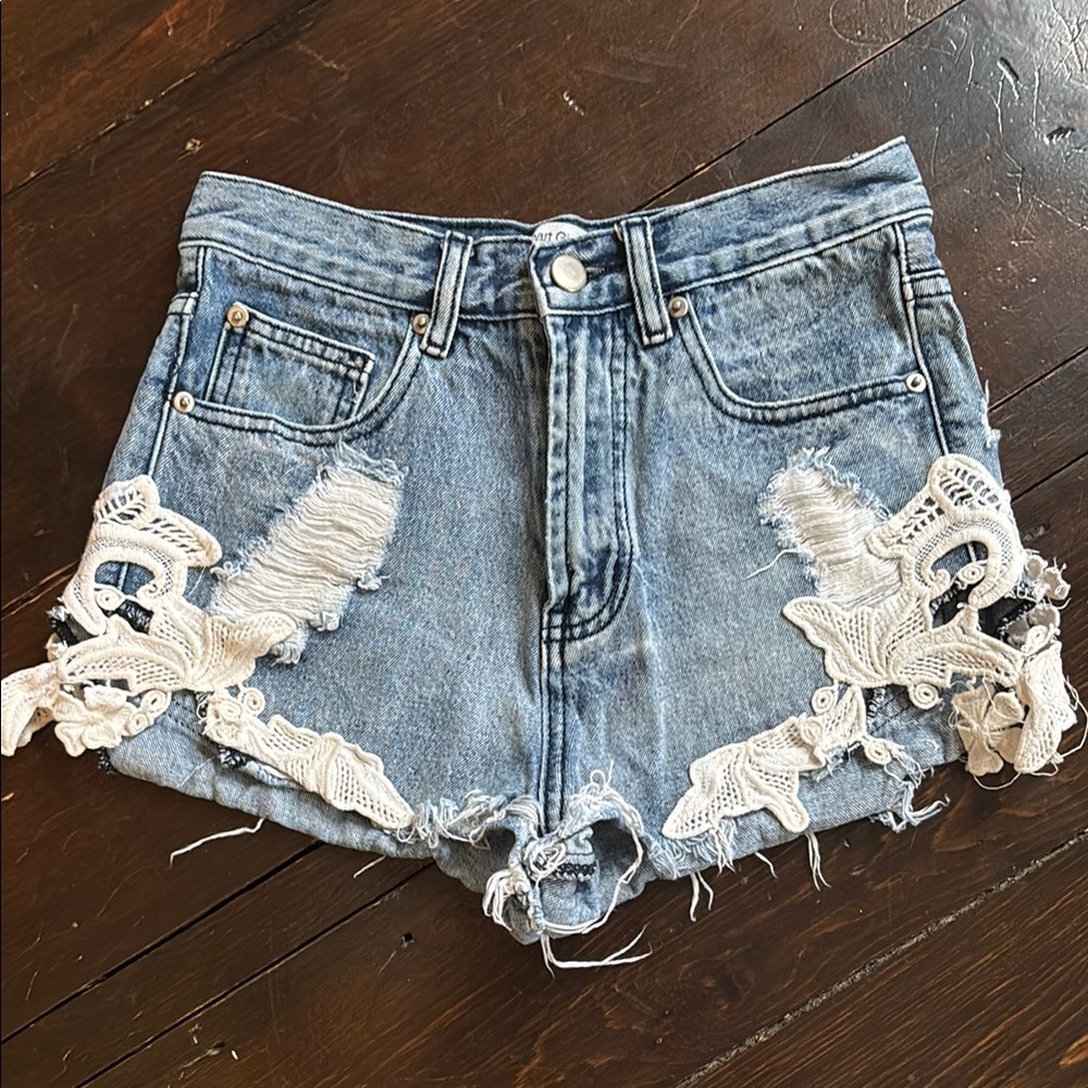 Blue and White Distressed Jean Shorts with Lace Hem